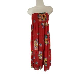 Ralph Lauren Dress Womens Large Red Floral Smocked Milkmaid Tiered Maxi Boho